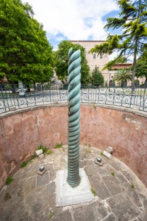photo of The Greek Serpent Column from above also known as the Serpentine Column, Delphi Tripod or Plataean Tripod is an ancient bronze column at the Hippodrome of Constantinople, Istanbul, Turkey.