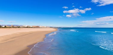 Photo of Sand beach and historical Old Town in mediterranean resort Sitges near Barcelona, Costa Dorada, Catalonia, Spain.