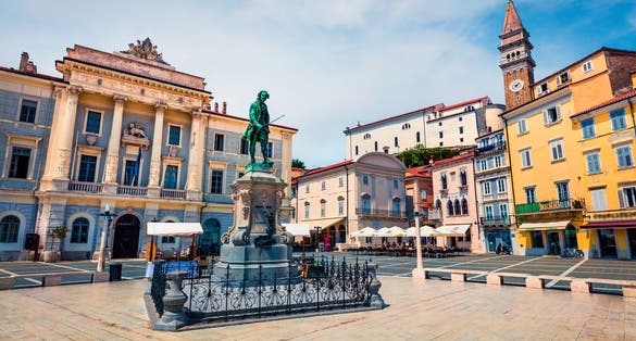 Photo of Bright summer view of Tartini Square in old town Piran. Splendid spring morning of Slovenia, Europe.