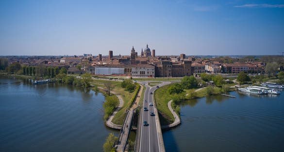 photo of view of Aerial panoramic view at the City of Mantova (Mantua) with Lake (Lago di Mezzo) - Italy..