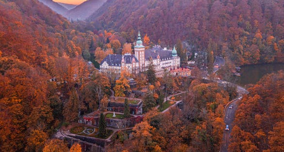 photo of view of LILLAFURED,HUNGARY - Aerial view of Lillafured Castle with autumn colors at sunset Lillafured is one of the most beautiful natural environments, Miskolc in the Eastern part of Bukk Mountains, Hungary