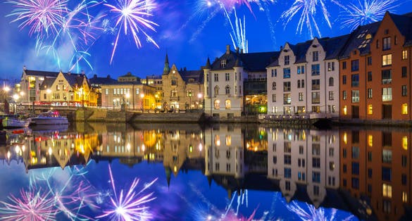Fireworks display over the Alesund town in Norway.