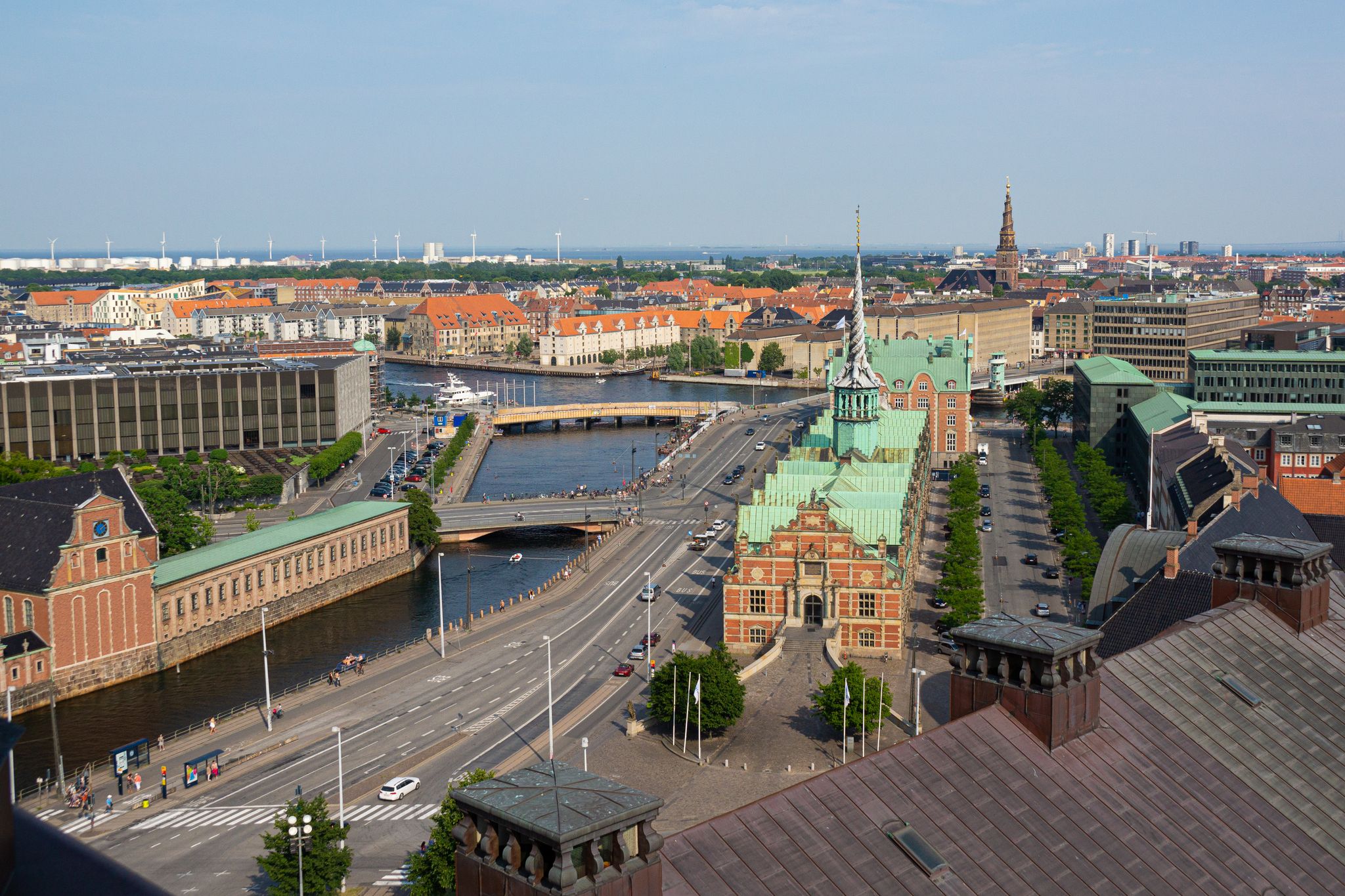 Photo of aerial view of the Stock Exchange "Børsen" imposing, 17th-century, former stock exchange with a striking spire, historical place in the center of Copenhagen, Denmark.