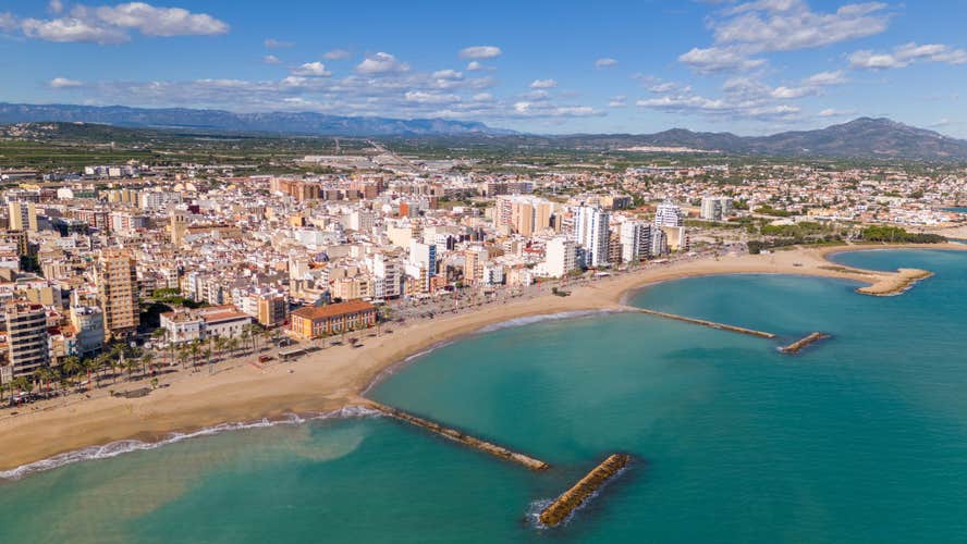 This is an aerial drone shot of Vinaros. A spanish town in the province of Taragonna.