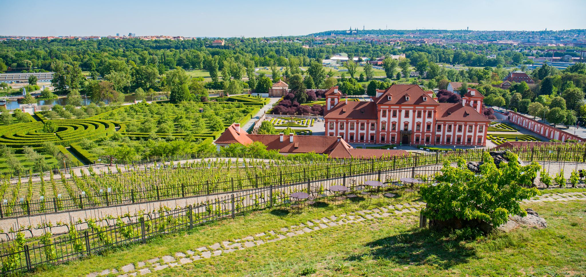 Photo of aerial view of Prague with Troja castle from vineyards at botanical garden, Czech Republic.
