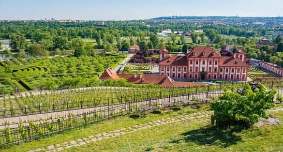 Photo of aerial view of Prague with Troja castle from vineyards at botanical garden, Czech Republic.