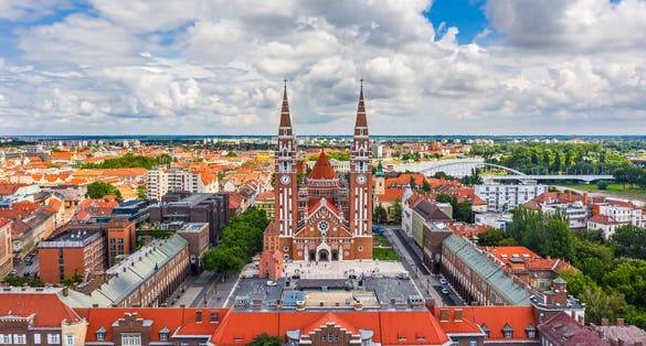 photo of view Szeged, Hungary - Aerial panoramic view of the Votive Church and Cathedral of Our Lady, Szeged, Hungary