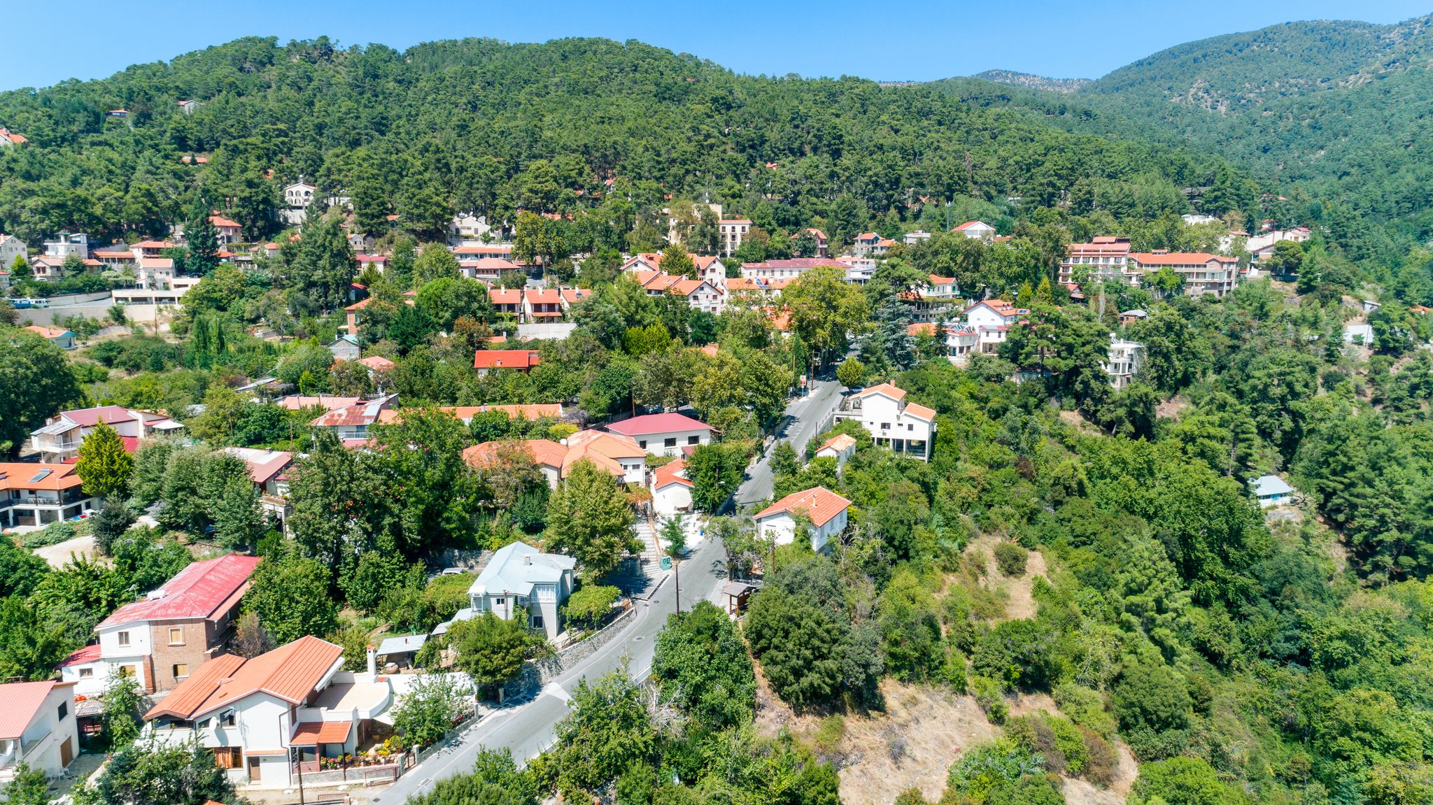 Photo of aerial view of Pano Platres village on Troodos mountains, Limassol, Cyprus.
