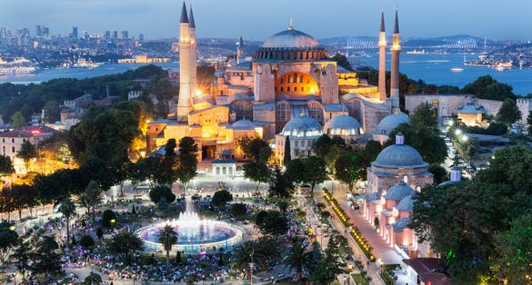 Hagia Sophia in Istanbul. The world famous monument of Byzantine architecture. View of the St. Sophia Cathedral at sunset.