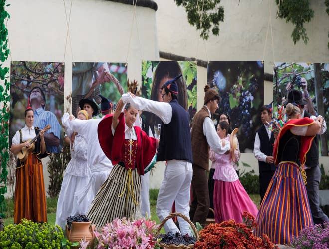 Performers in traditional dress dancing at the Madeira Wine Harvest Festival, a cultural highlight of Portugal in August..jpg