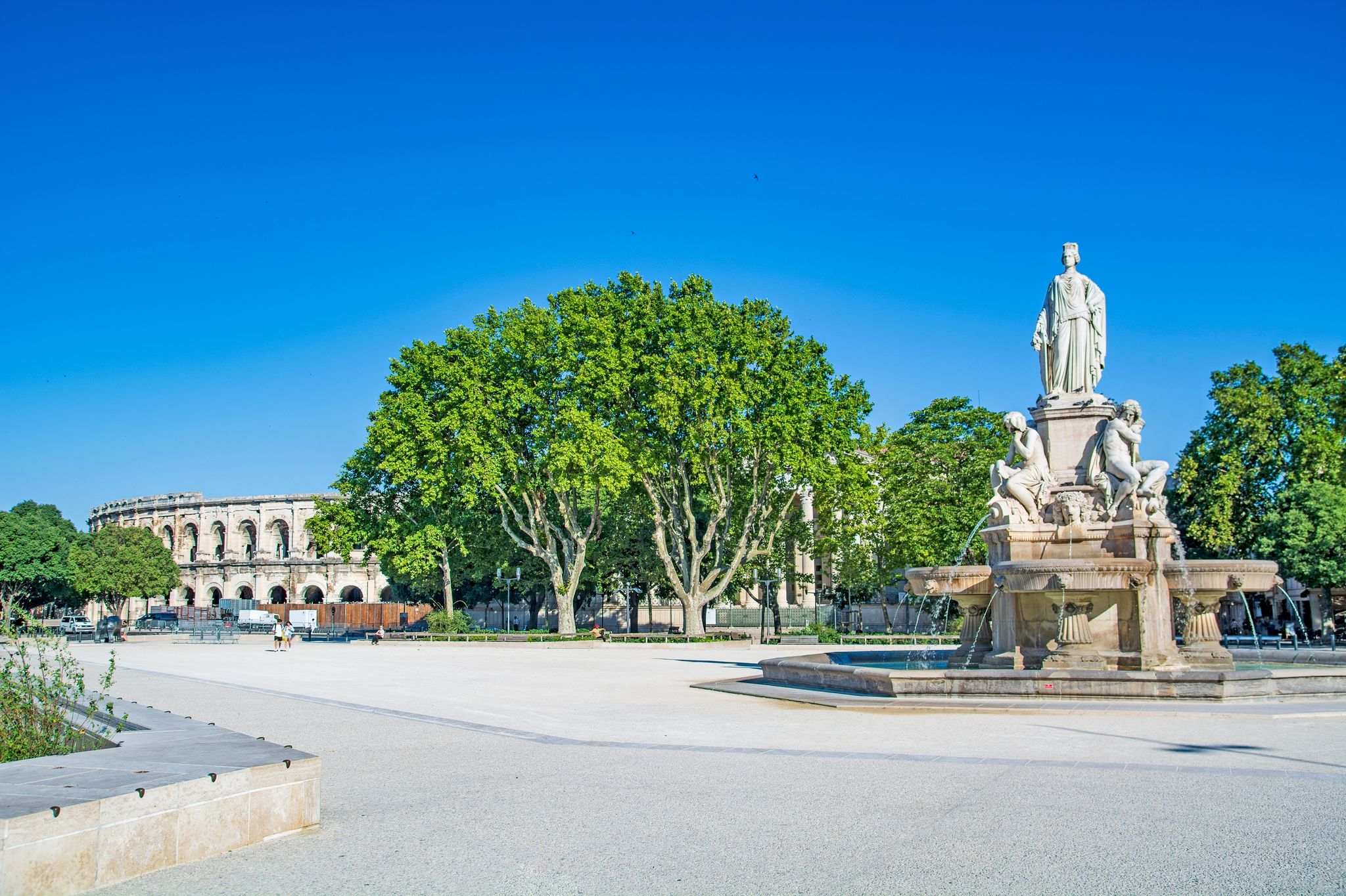 Photo of Nimes Arena aerial panoramic view. Nimes is a city in the Occitanie region of southern France.