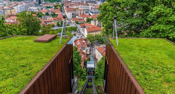 Photo of A view down the funicular railway leading up to the castle above Ljubljana, Slovenia in summertime.