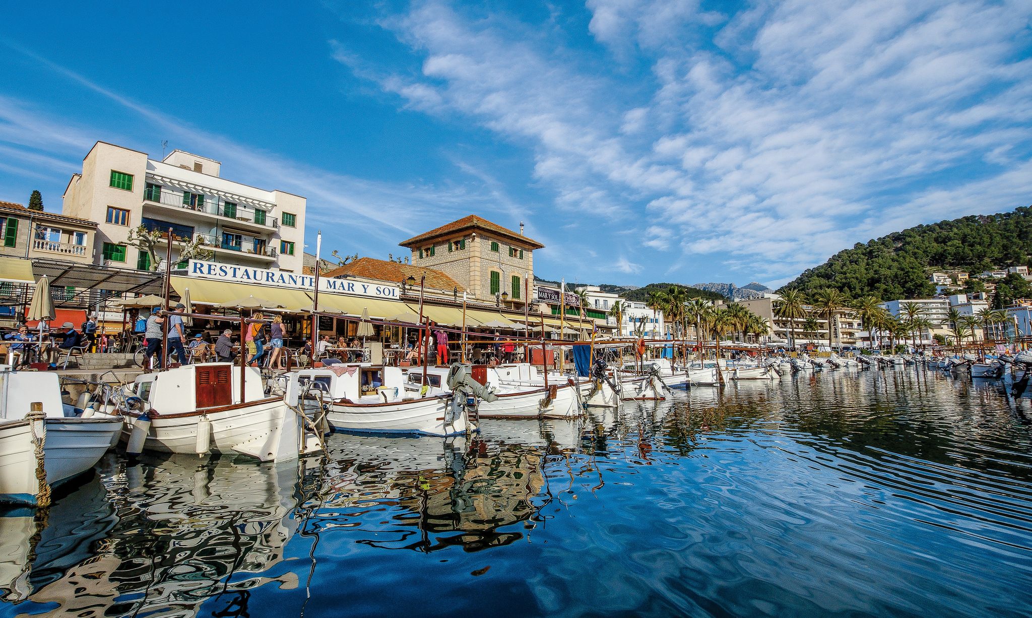 Island scenery, coastline Spain Majorca, beautiful panorama view of Port de Soller, Balearic Islands, Mediterranean Sea.