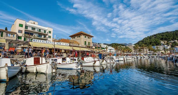Island scenery, coastline Spain Majorca, beautiful panorama view of Port de Soller, Balearic Islands, Mediterranean Sea.