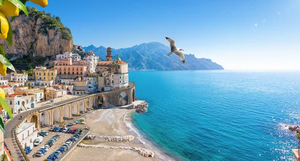 Panoramic view of small town Atrani on Amalfi Coast in province of Salerno, Campania region, Italy.