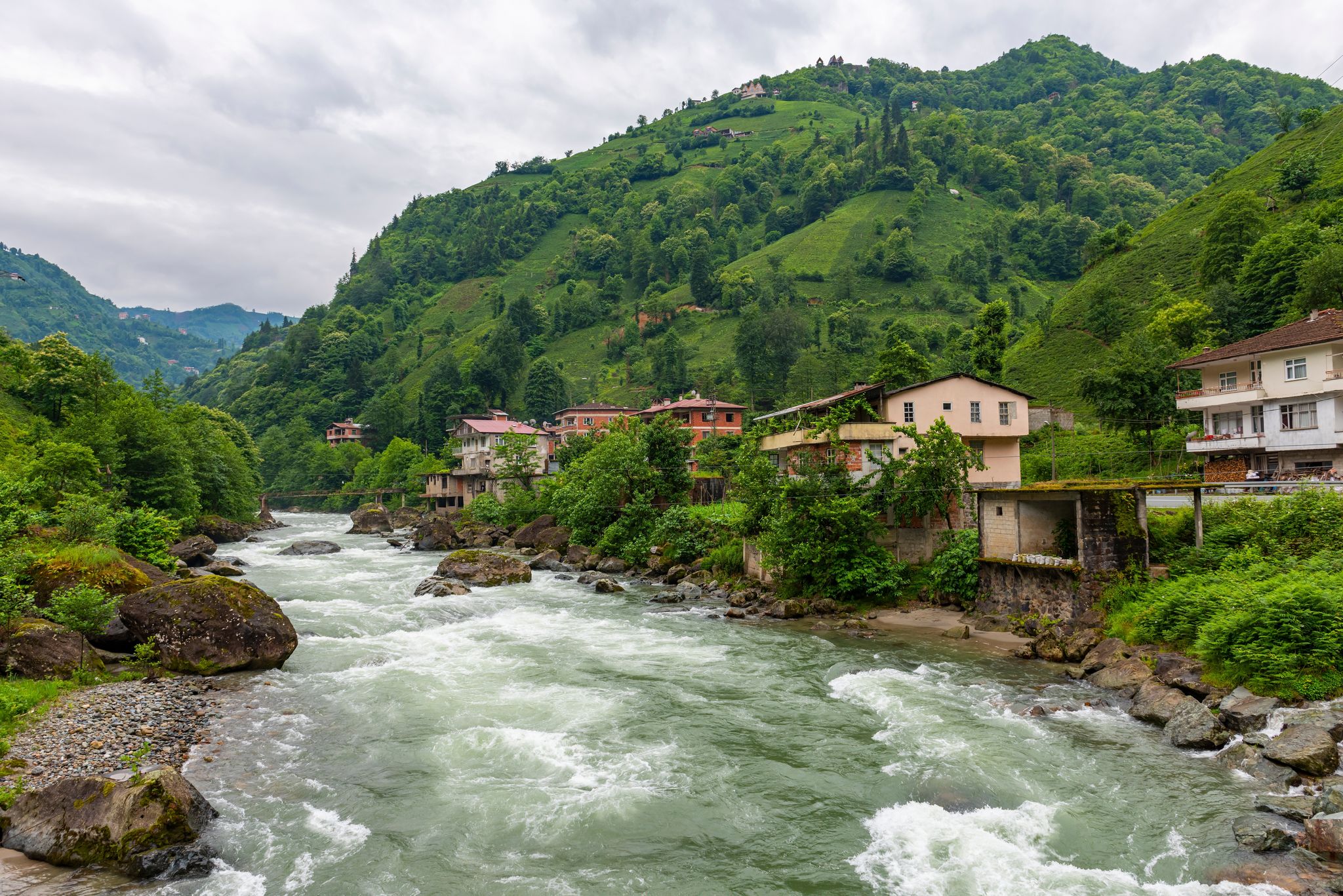 Photo of Camlihemsin center view with Firtina Stream in Rize, Turkey. 