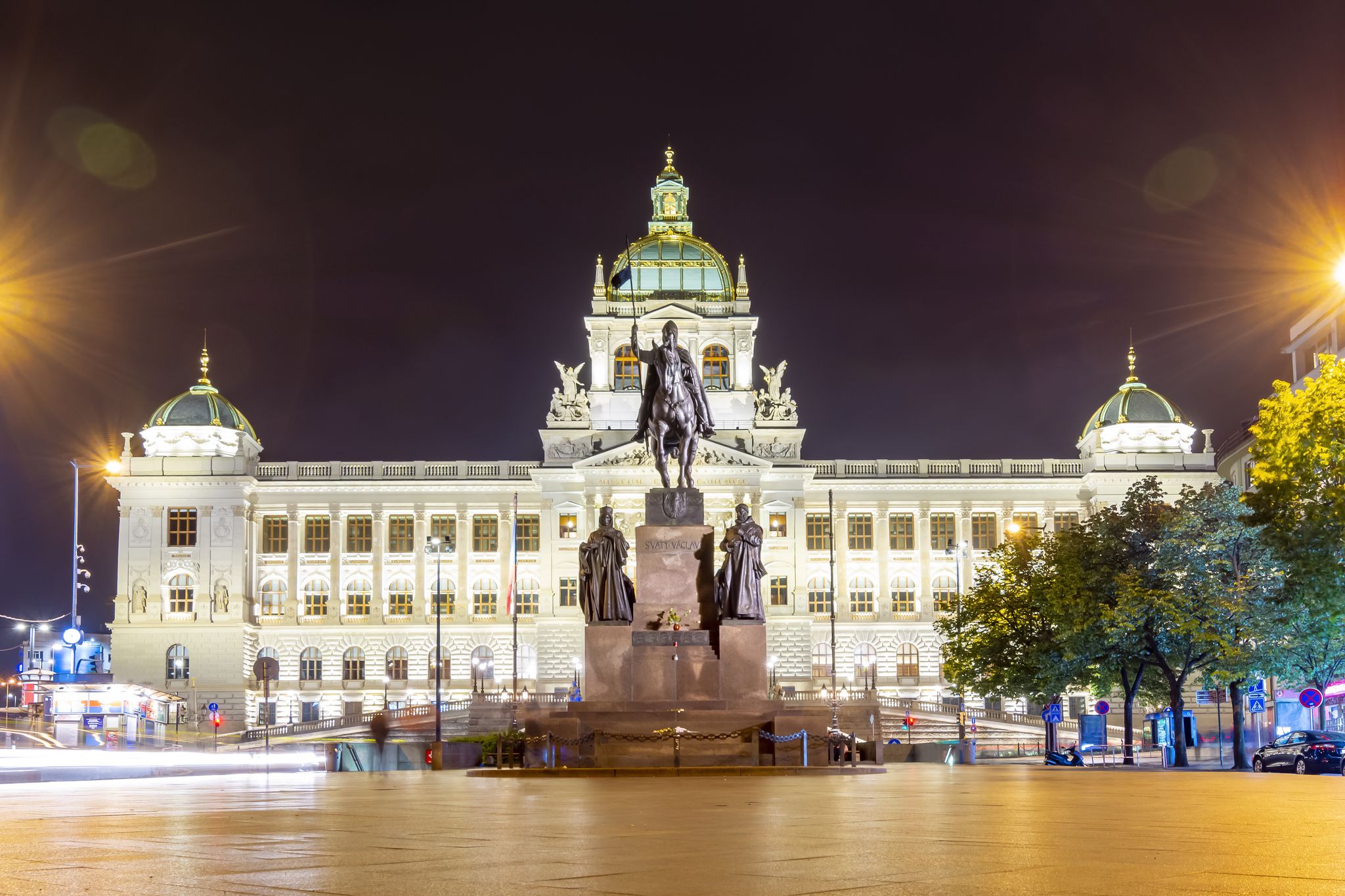 Photo of National Museum on Wenceslas Square at night, Prague, Czech Republic.