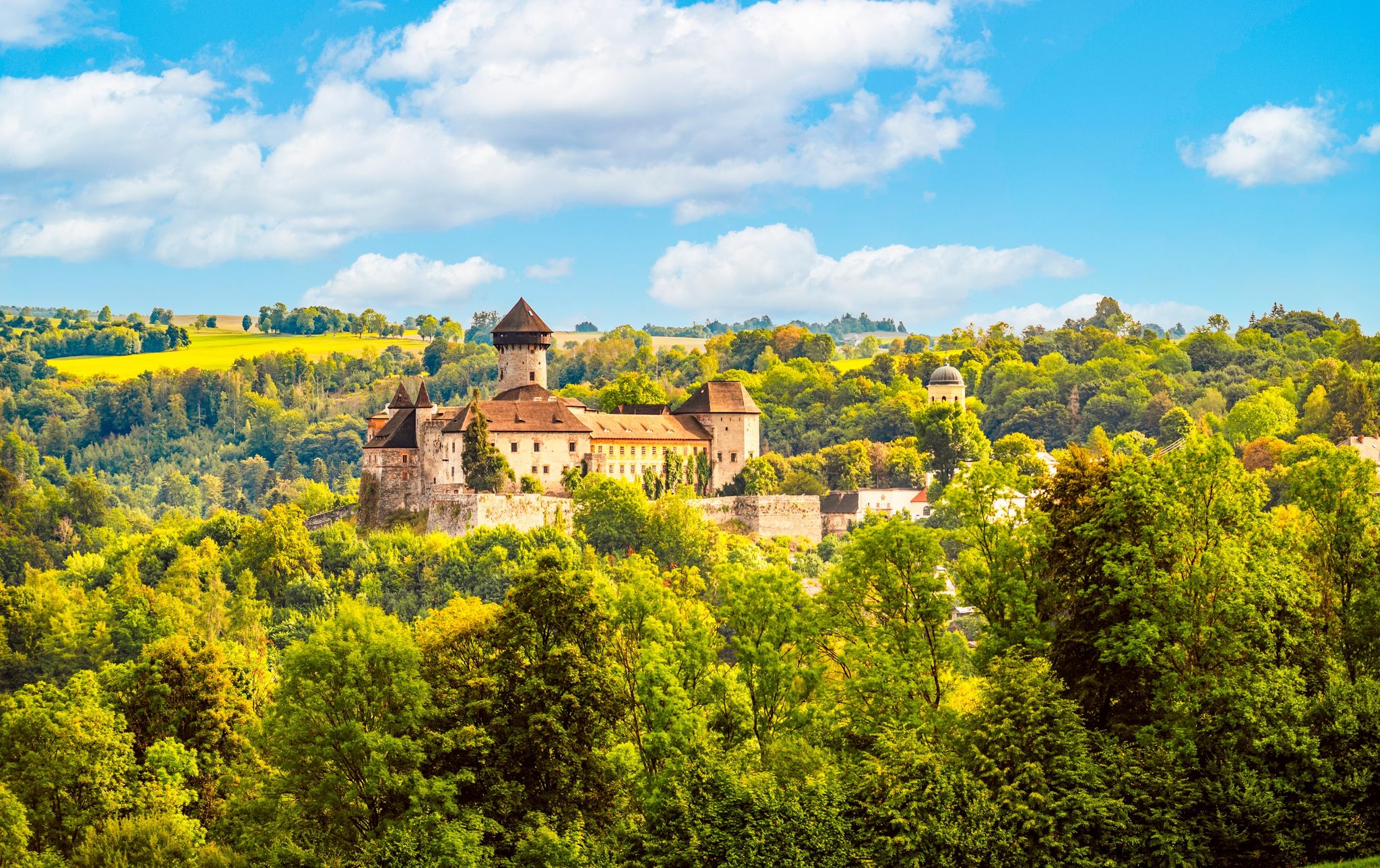 Photo of aerial view of Castle Sovinec, Eulenburg, robust medieval fortress, one of the largest in Moravia, Czech republic.
