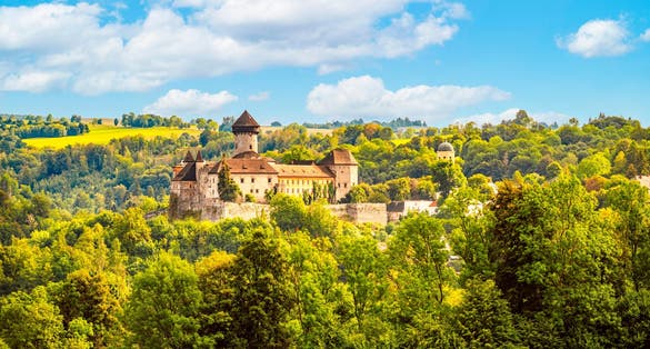 Photo of aerial view of Castle Sovinec, Eulenburg, robust medieval fortress, one of the largest in Moravia, Czech republic.