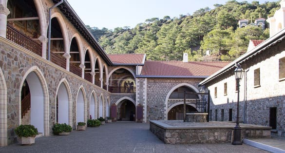 Photo of beautiful view of the Trooditissa monastery in the Cedar Valley Nature Reserve in Cyprus.