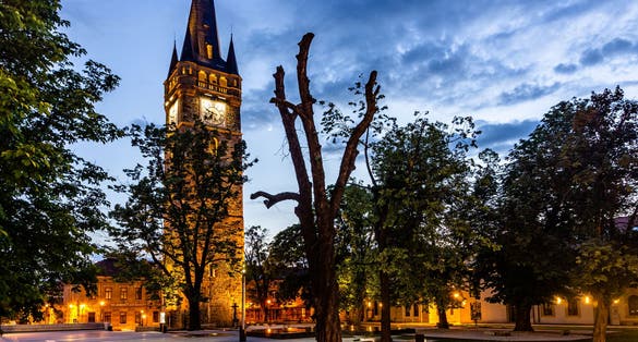 photo of view of Aerial view of Baia Mare city with roof tops and the Catholic Cathedral in Baia Mare, Maramures, Romania; Assumption of Mary Cathedral or Saint Mary, the greek-catholic cathedral in Baia Mare.