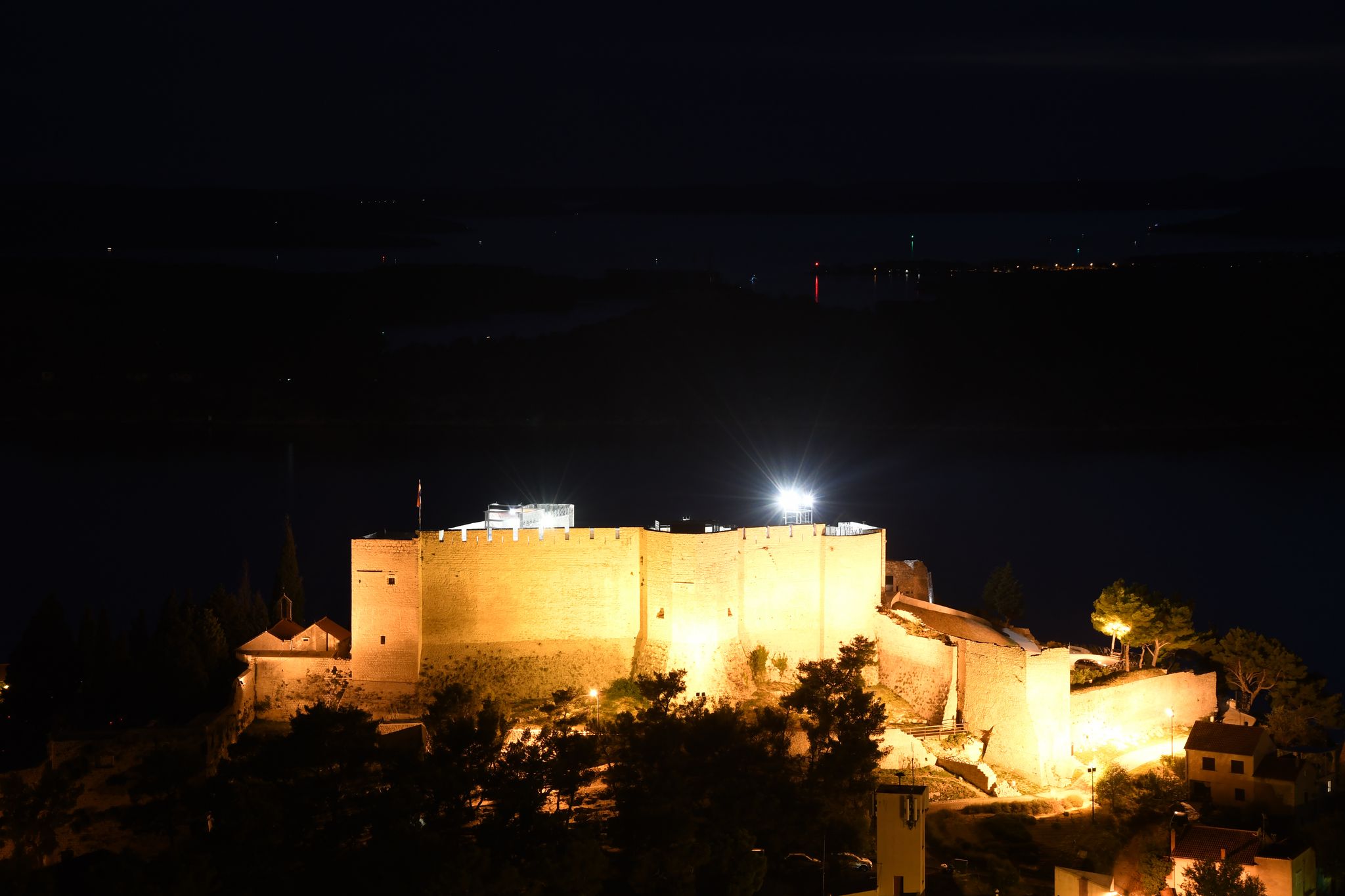 Photo of Saint Michaels Fortress at night in Sibenik, Croatia.