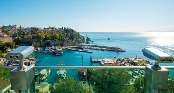 photo of binoculars at the observation deck of Tophane Park viewpoint in Antalya, Turkey.