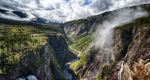 Photo of aerial view of beautiful Vøringfossen waterfall in Norway.