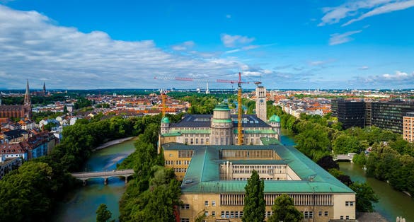 photo of view of Aerial view of river Isar, St Lukas Kirche and cemtral Munich, Germany, Europe.