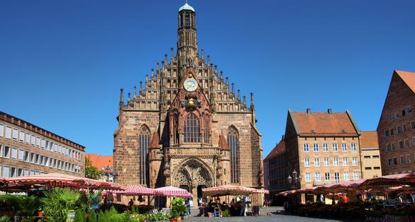 old middle age town nuremberg in Bavaria, Germany, main market with Frauenkirche