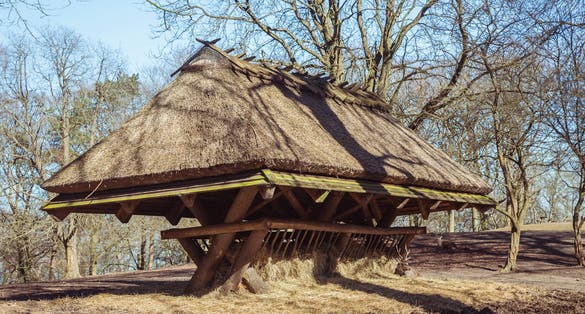 Photo of feeder with hay for deer in Marselisborg Deer Park, Aarhus, Denmark.