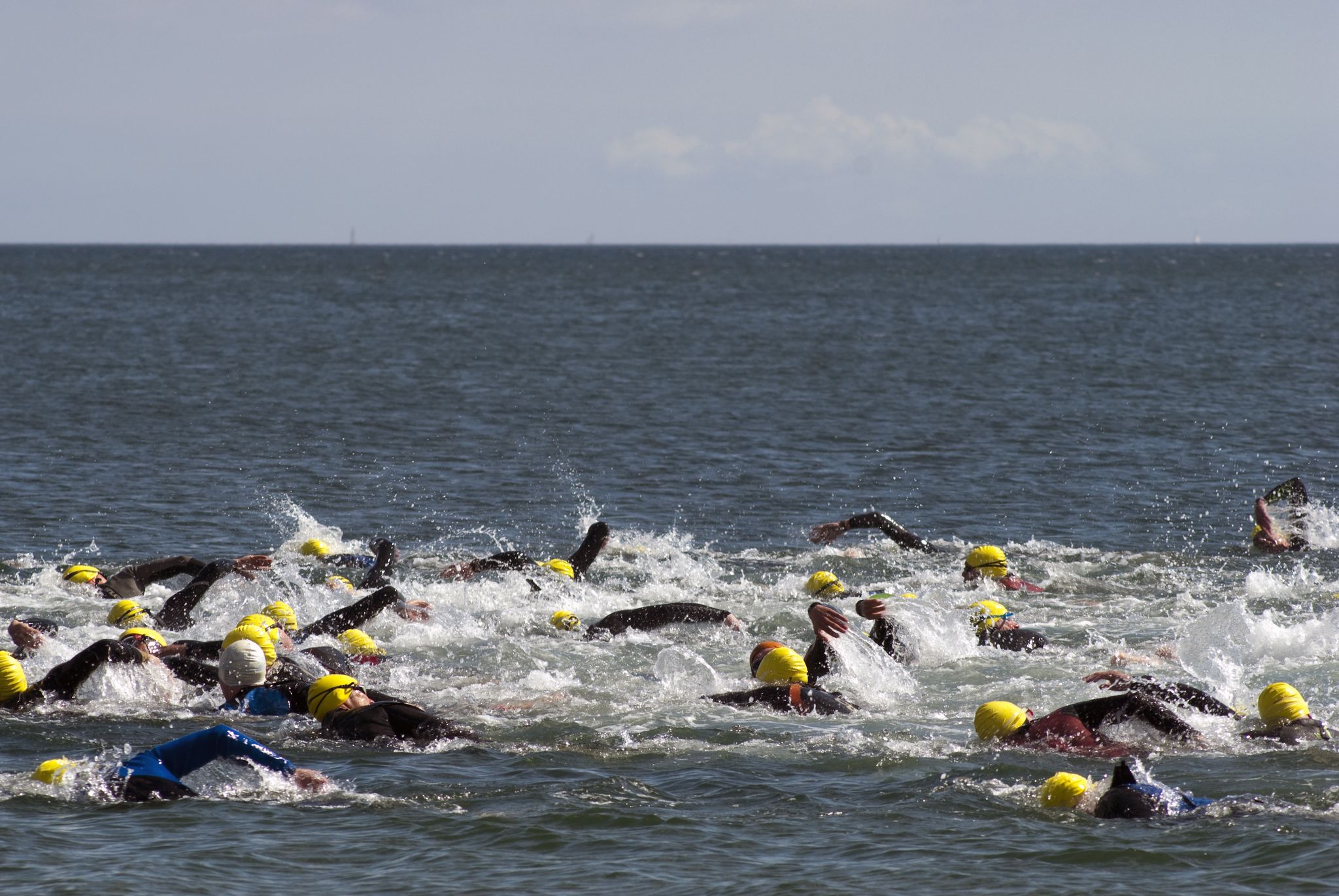 photo of view of Triathlon swimmers inthe open sea, Fredericia, Denmark.