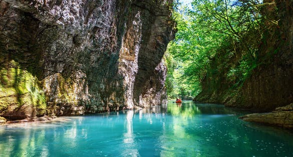 Photo of Martvili canyon in Georgia. view of the mountain river, christal blue water and boat ride, Kutaisi.
