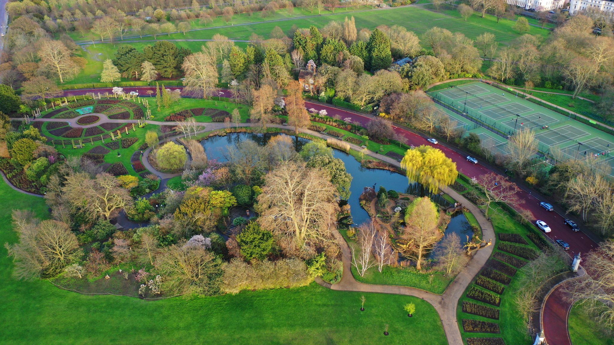 Photo of aerial view of famous Regent's Royal Park unique nature and Symetry of Queen Mary's Rose Gardens, London, United Kingdom.