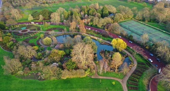 Photo of aerial view of famous Regent's Royal Park unique nature and Symetry of Queen Mary's Rose Gardens, London, United Kingdom.
