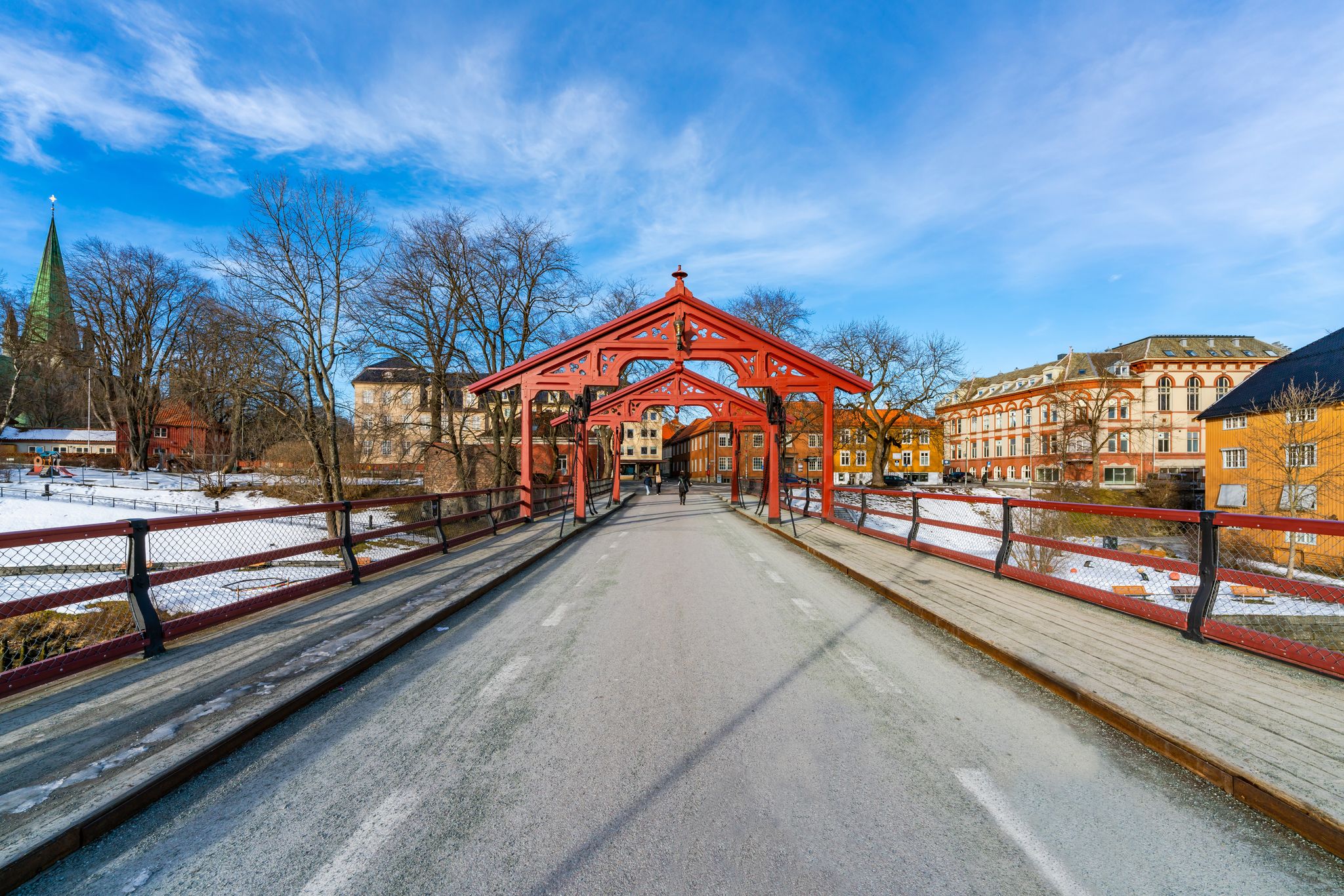 Photo of famous Gamle Bybro (Old Town Bridge) over the river Nidelva in Trondheim, Norway.