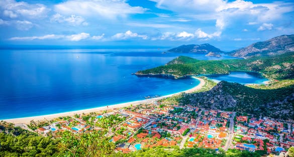 Photo of Oludeniz Bay aerial view in Fethiye Town, Turkey.