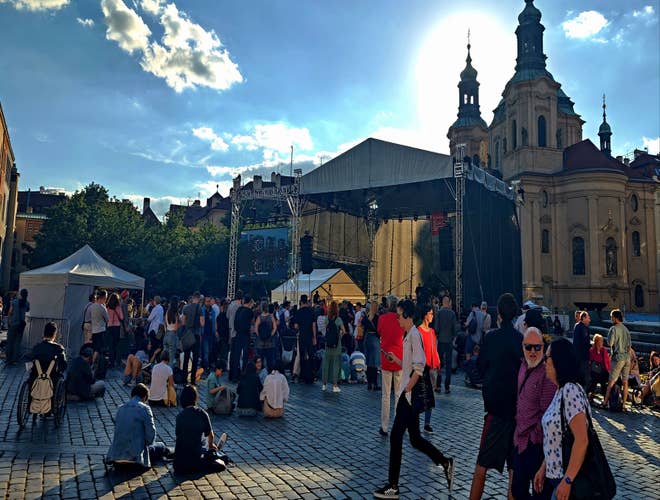 People gathering in Old Town Square for an open-air performance at Bohemia Jazz Fest in Prague during Czechia in July..jpg