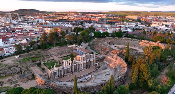 photo of view of aerial view of old Roman Theatre of Merida spanish cultural icon landmark in Spain.