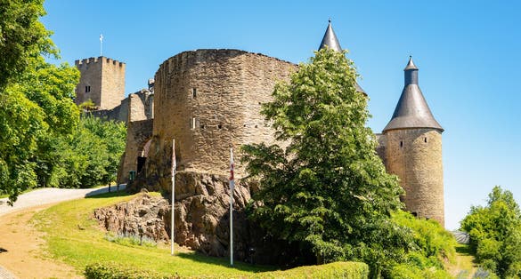 Old ruins of the Castle of Bourscheid, Canton of Diekirch, Luxembourg, elevated exterior view
