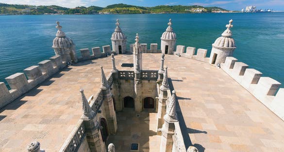 Photo of view from the Belem Tower (Torre de Belem) on the Tagus river, Lisbon, Portugal.