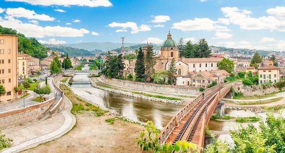 Scenic aerial view of the Old Town with the Crathis River and historic buildings in Cosenza, Calabria, Italy