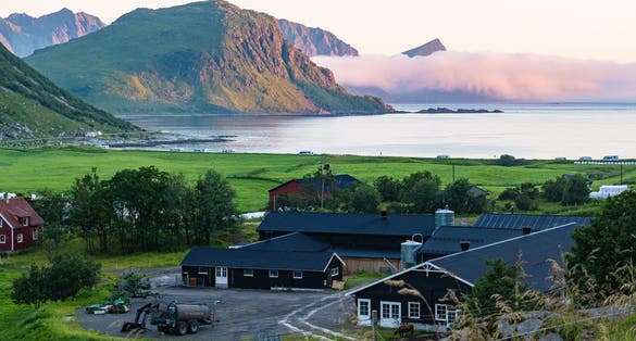 A rural farmstead near Leknes, Norway, surrounded by green fields and steep coastal hills, with soft evening light and fog rolling over the sea.