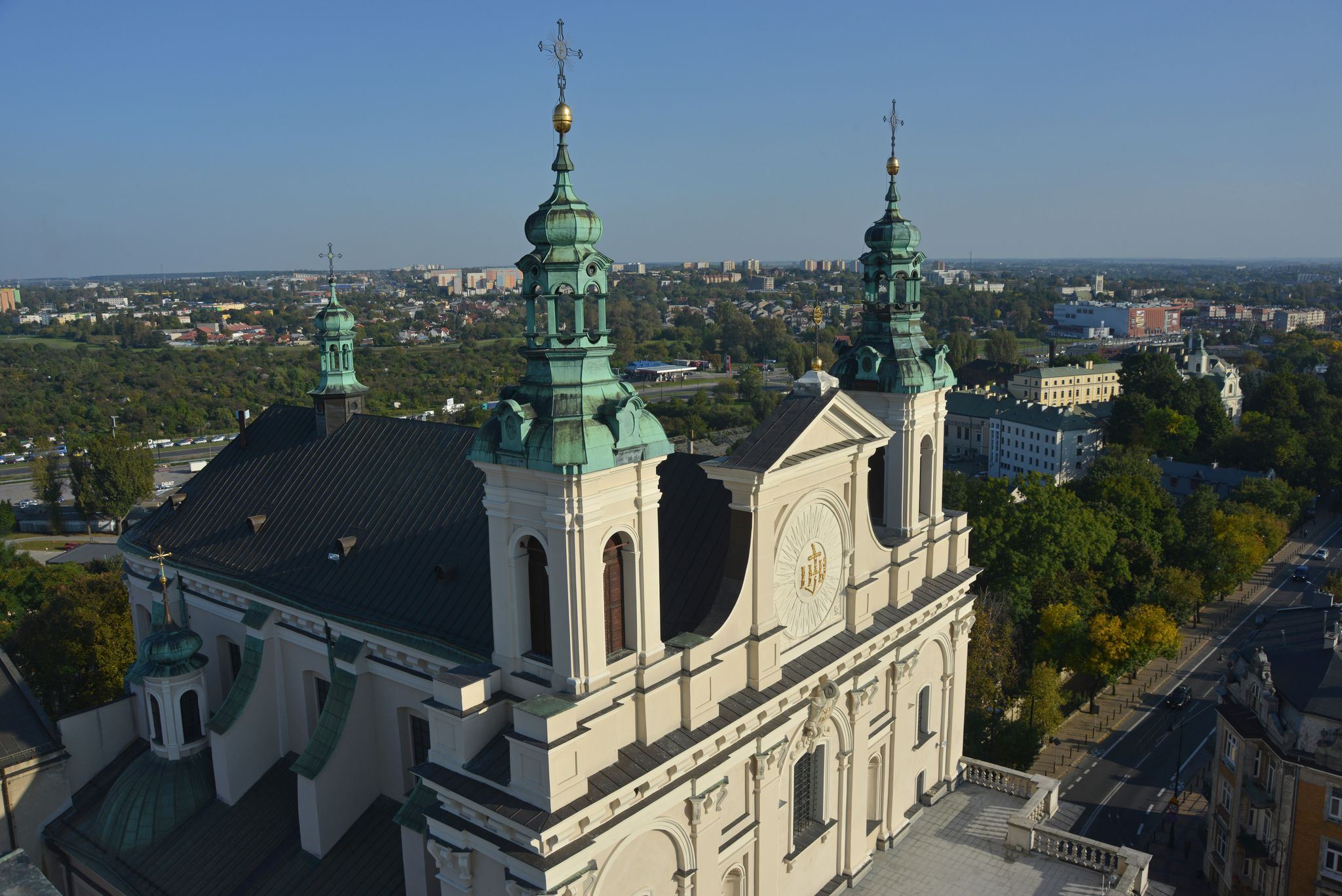 Saint John the Baptist Cathedral (Lublin) the view from above. Blue sky in background.