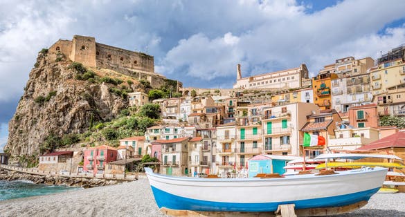 Beach of Scilla with Castello Ruffo, Calabria, Italy.