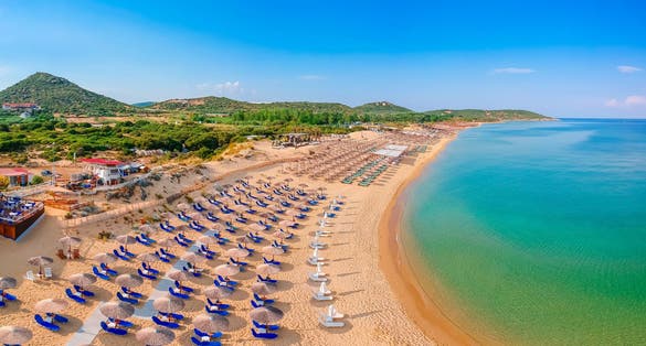 Photo of aerial view of Ammolofoi sand beach near Kavala, Greece, Europe.
