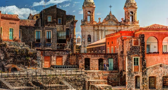 Ancient Roman theater in Catania, built from the limestone and black lava.