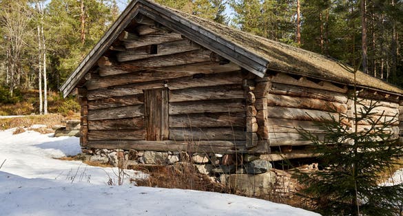Photo of an ancient, traditional Viking wooden building in Drammen, Norway.