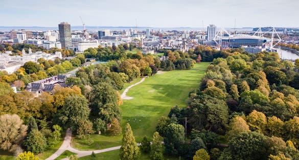 Photo of Cardiff's Bute Park in the autumn viewed from the air.