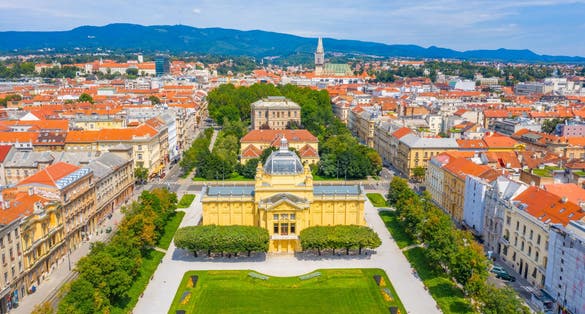 Photo of aerial view of Art pavilion in Zagreb capital of Croatia.